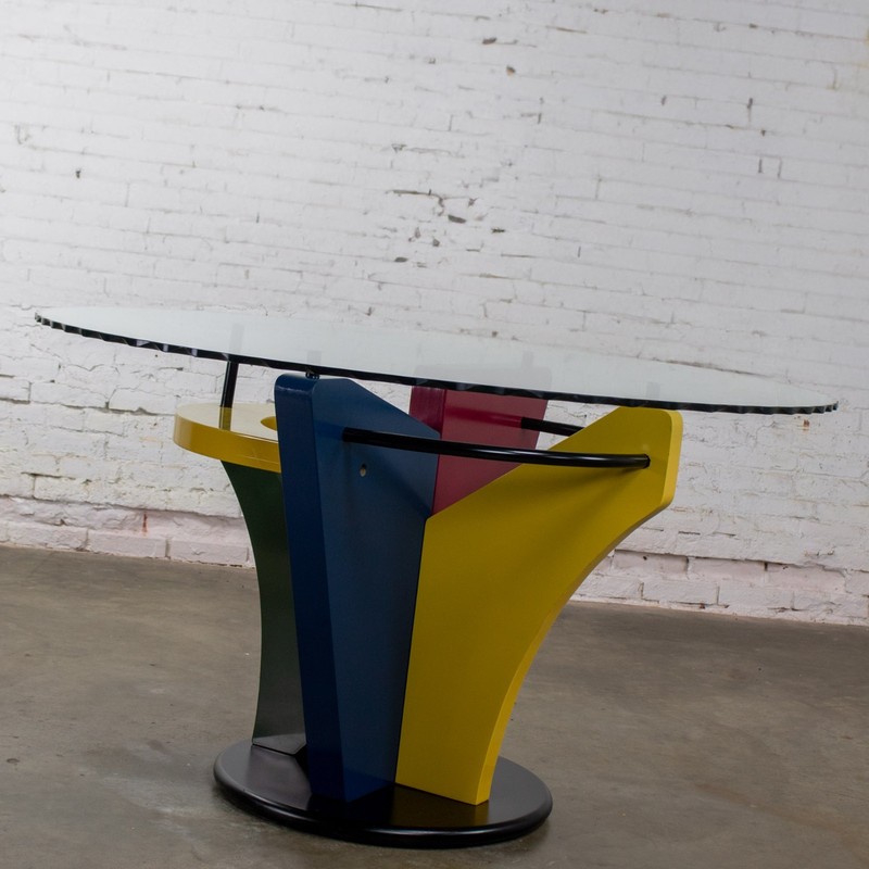 Postmodern Dining Table Geometrical Base Round & Glass Top Style Memphis Group gallery