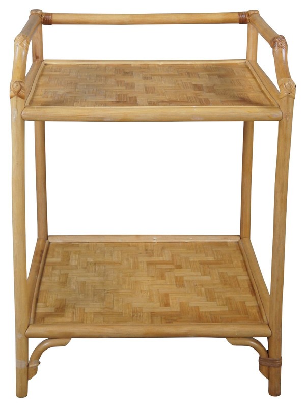 Vintage Bohemian Bamboo & Woven Rattan Etagere Side Table Plant Stand Boho Chic