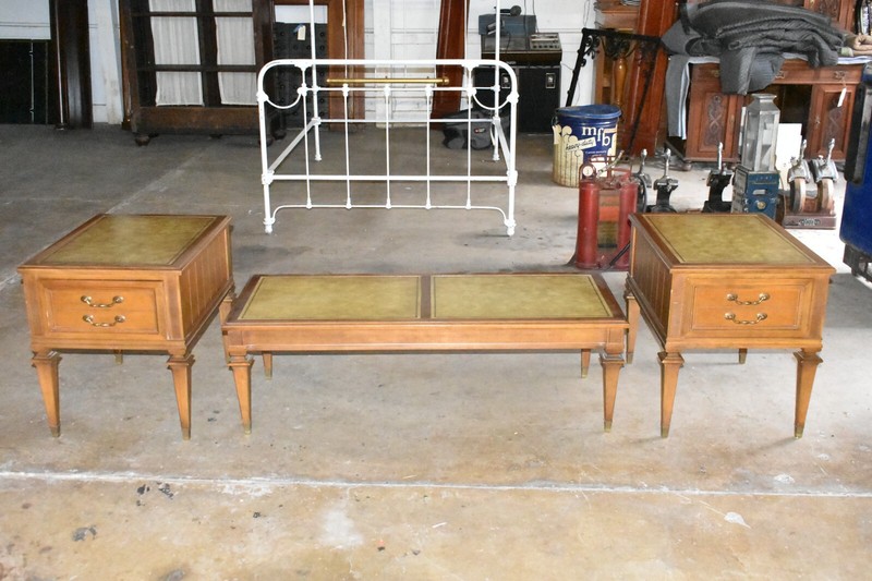 Vintage Leather Top Coffee & End Table Set, Wood & Brass gallery