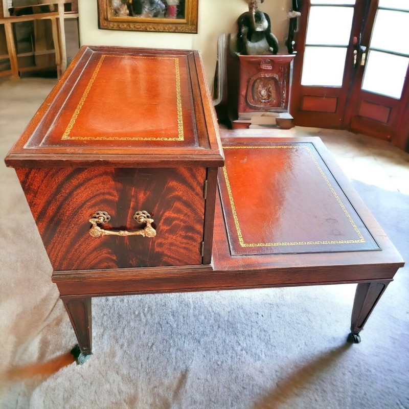Antique Two Tier Lamp Mahogany Table with Leather Tops & Lion knobs gallery