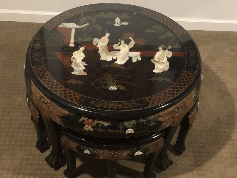 Vintage Chinoiserie Coffee Table W/Tuck Chairs, Mother Of Pearl, Birds & Flo gallery