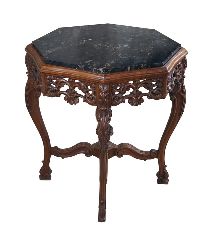 Antique Italian Renaissance Carved Walnut Marble Top Octagonal Center Side Table gallery