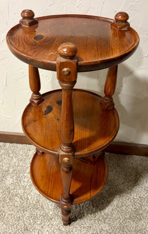 1970s Ethan Allen Old Tavern Collection Pine 3-Tier Etagere Stand Table gallery