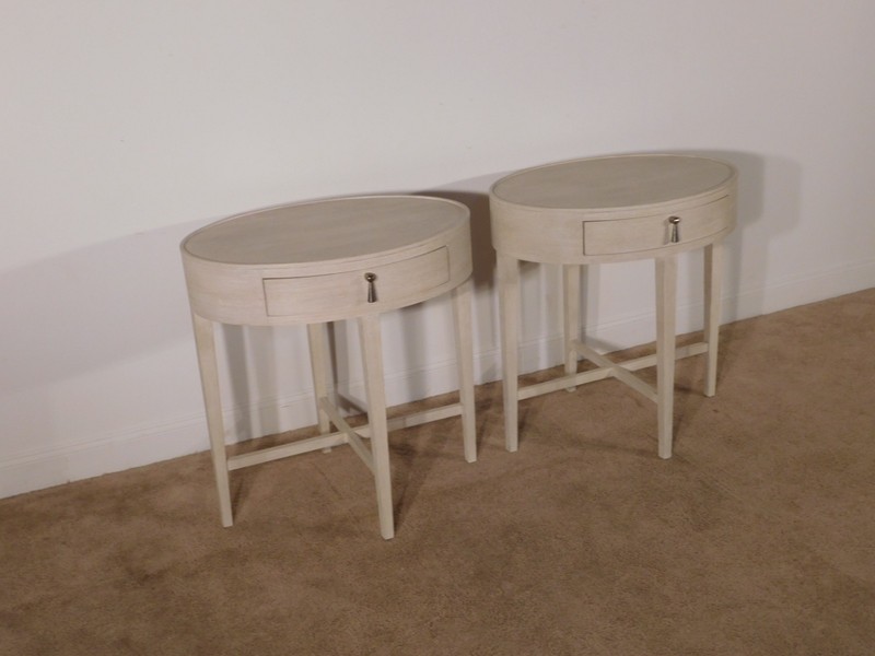 Pair Bernhardt EAST HAMPTON Cerused Linen Finish Oval End Tables Nightstands gallery