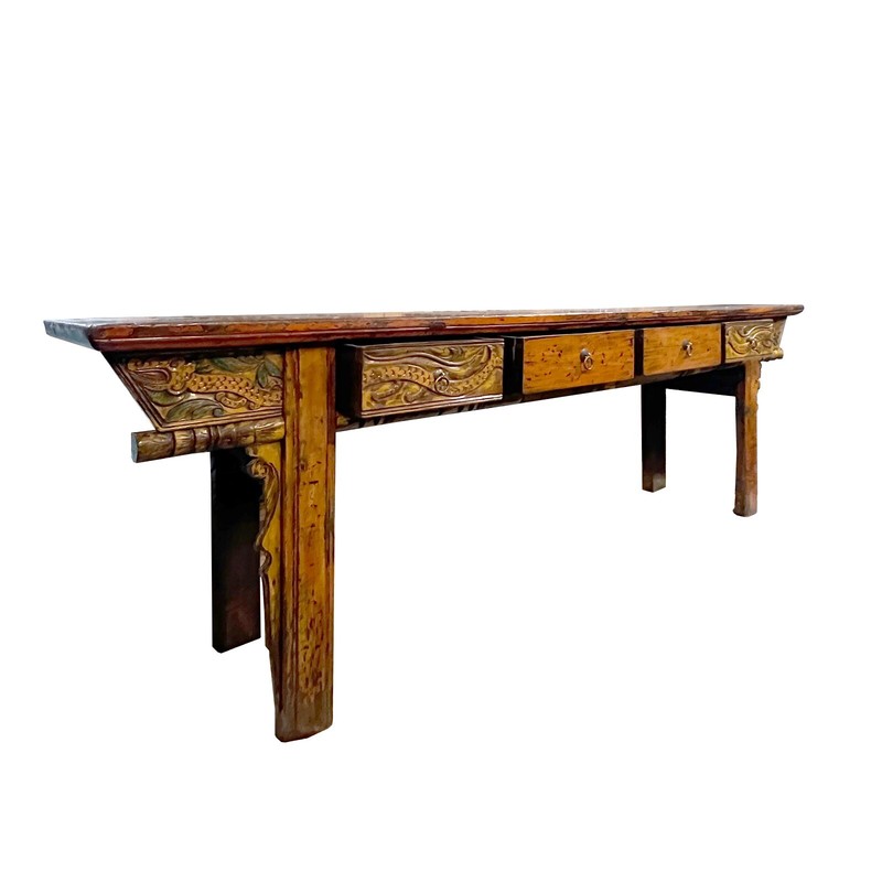 Chinese Vintage Distressed Orange Drawers Long Console Foyer Altar Table cs7570 gallery