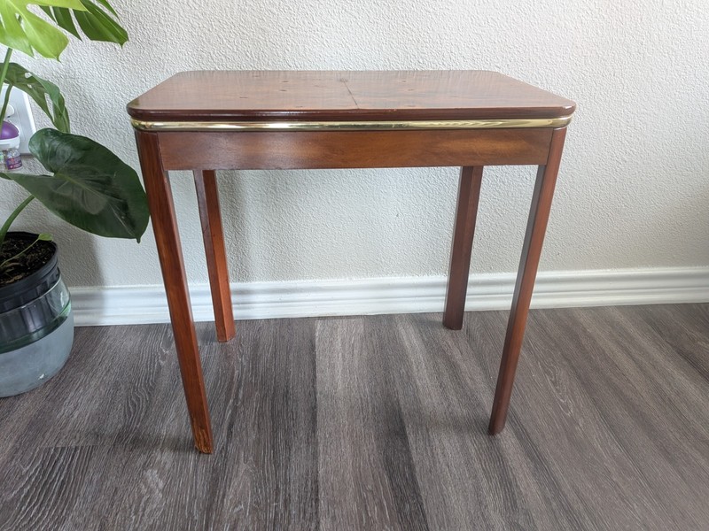 Mid-Century Modern Burr Walnut Side Table | Brass Trim | Vintage 1950s | Accent