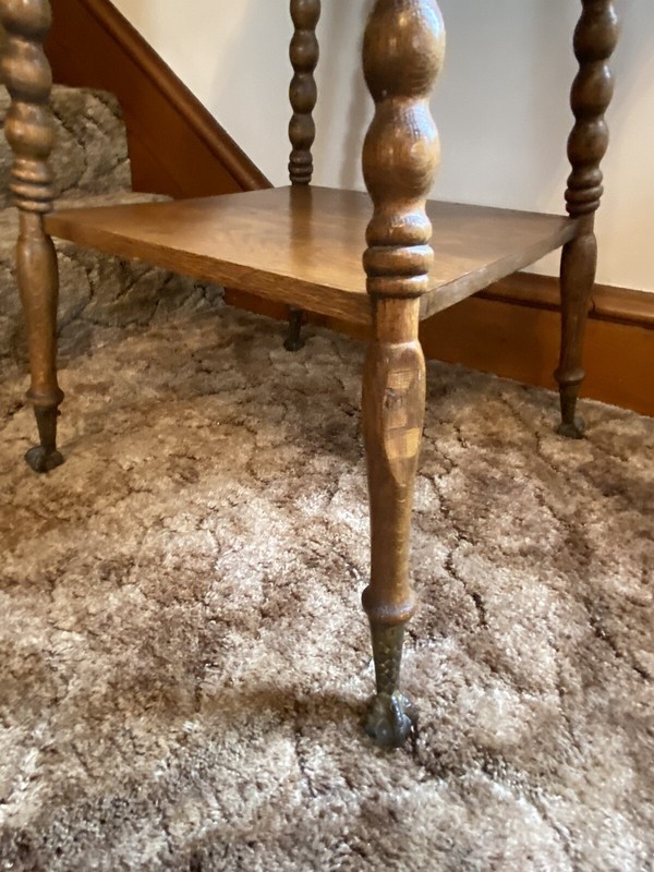 Antique Tiger Oak 2 Tier Parlor Table Claw & Ball, Turned Legs 19th Century gallery