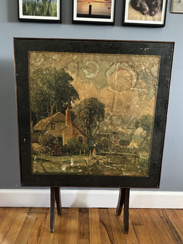 Vintage 1920s Folding Tilting Bridge/Card Game Table Painted Lithograph Topped