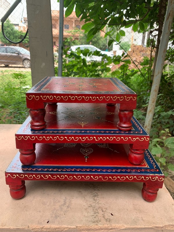 Stool For Pooja Handmade Indian Wooden Chowki Decorative Home Decor Bajot Art gallery