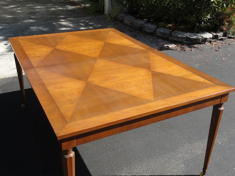RARE 1950s WALTER WABASH PARQUETRY TOP & HEXAGONAL LEGS DINING TABLE w/ 2 LEAVES gallery