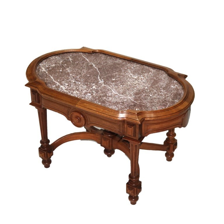 Antique Renaissance Revival Walnut Rouge Marble Parlor Table & Picture Frame Top gallery