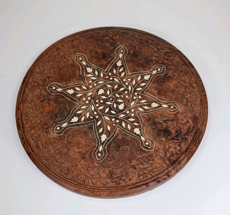 Vintage Wooden Round Table Top Hand Carved Mother Of Pearl Inlay (Top Only)