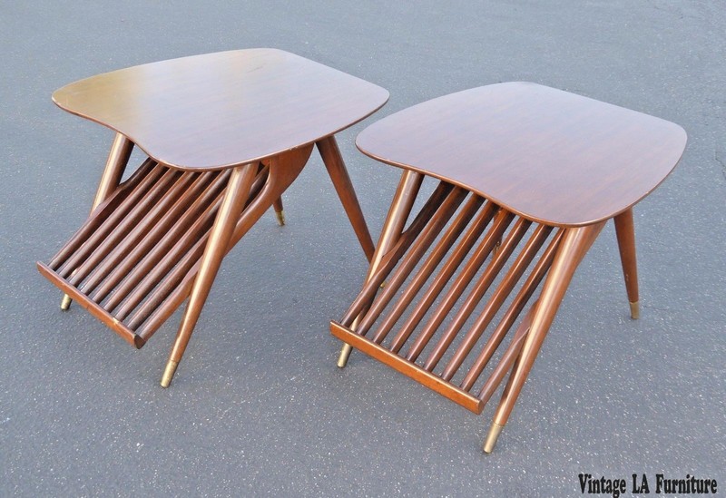 Pair Vintage Mid Century Modern Magazine Rack End Tables Risom Umanoff Eames Era