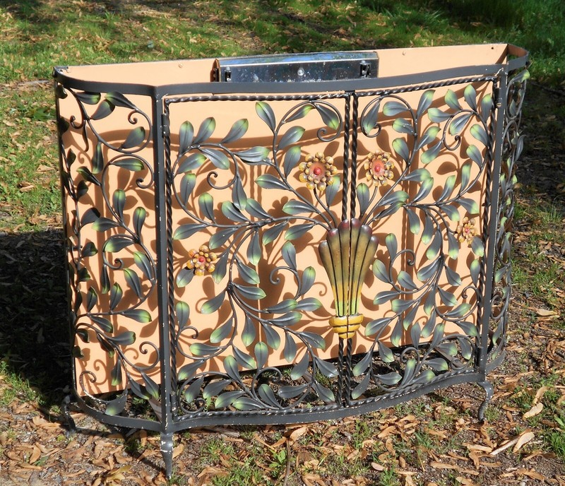 VINTAGE MID CENTURY WROUGHT IRON CONSOLE TABLE WITH URN AND FLOWER DESIGN gallery