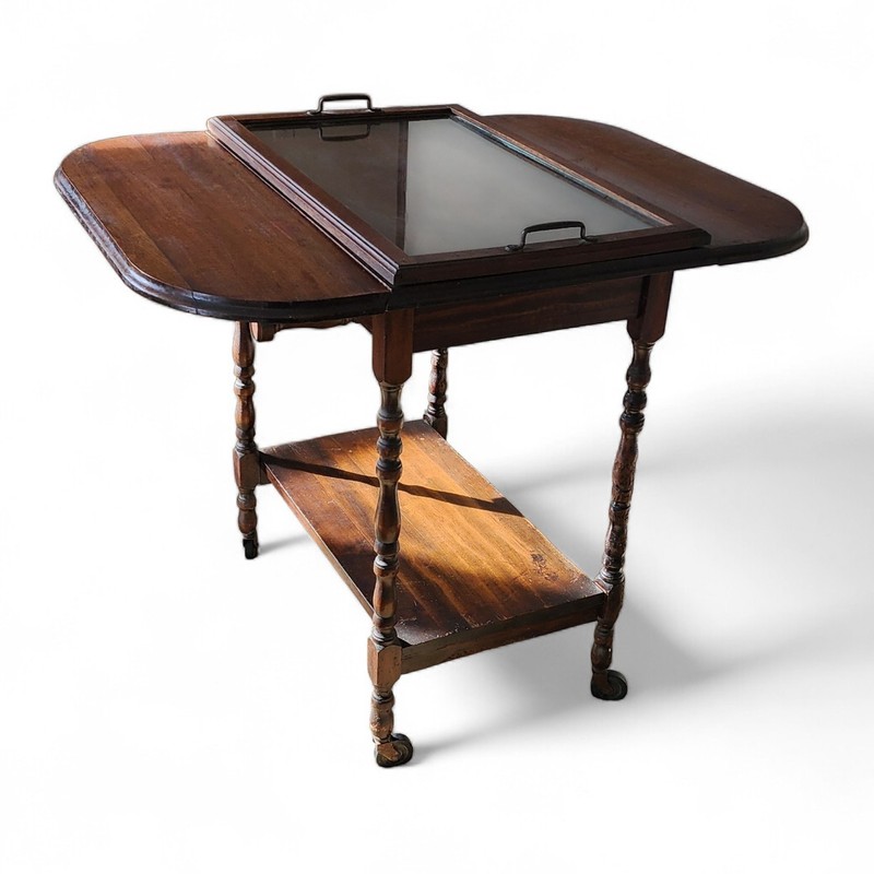 Antique Drop-Leaf Tea Cart with Glass Tray Top & Lower Shelf – Rolling…
