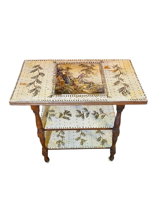 VINTAGE HAND PAINTED WOOD SIDE TABLE WITH CASTER WHEELS COOL PIECE SEE PHOTOS