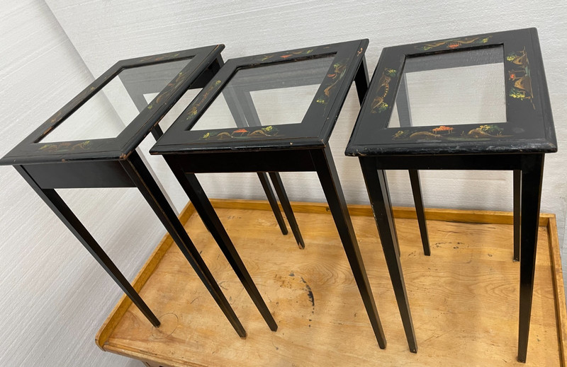 Black Paint decorated Nesting Tables set of 3 Glass Tops solid wood tables