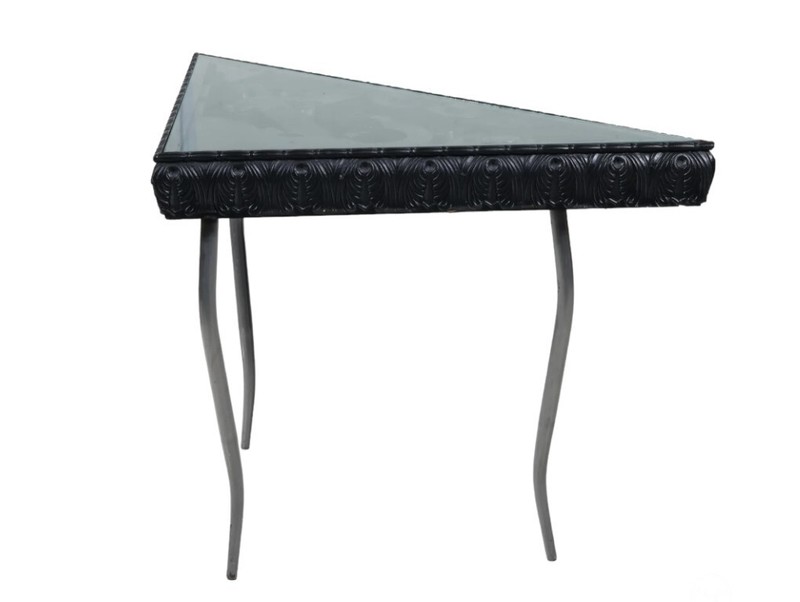 Louise Nevelson (after) Sculptural Collage Black Wood Accent Table Triangle MCM gallery