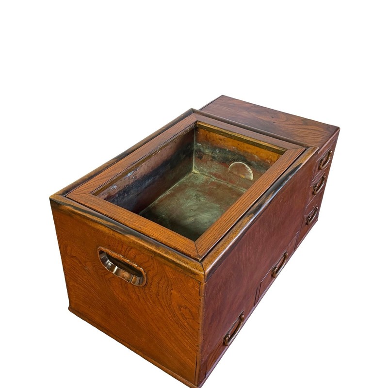 Antique Original Japanese Keyaki Hibachi Kanto Brazier Tea Chest Table 1900’s gallery