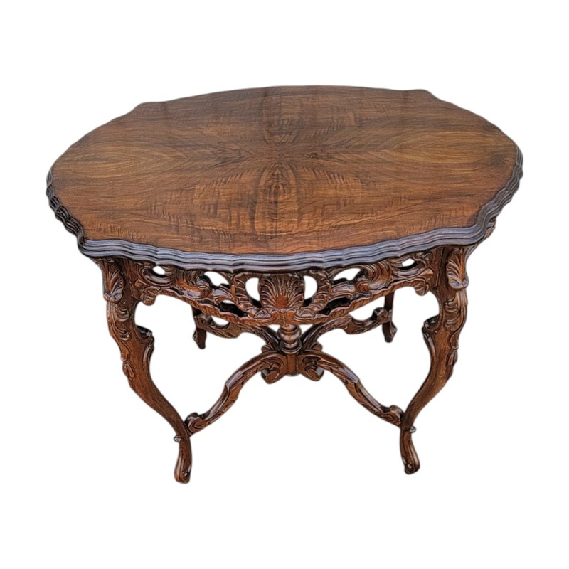 1930 Italian Walnut Center Table Bookmatch Top Hand Carved & Polished Mint