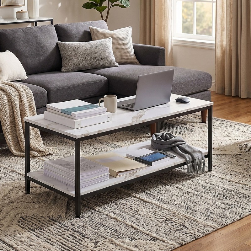 2-Tier Coffee Table for Living Room Farmhouse Center Table w/Storage Shelf White gallery