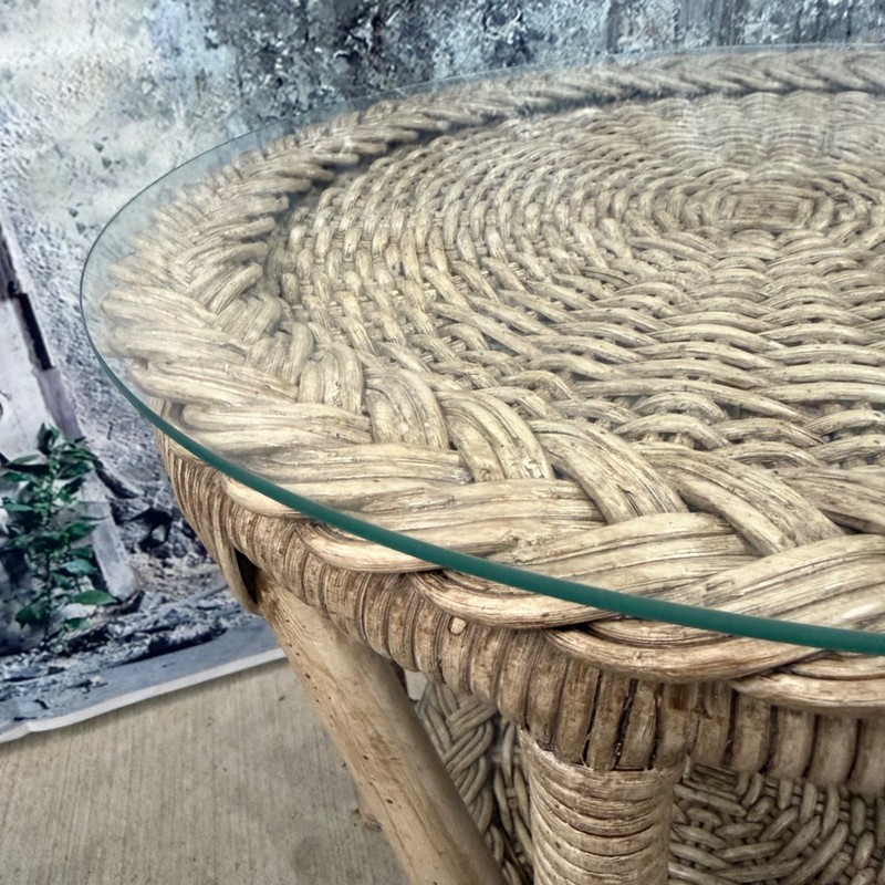 Vintage Woven Rattan Two Tier Glass Top Side Table Boho Coastal Decor gallery