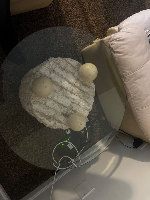 Postmodern Tessellated Stone Circular Beveled Glass Top Side Table