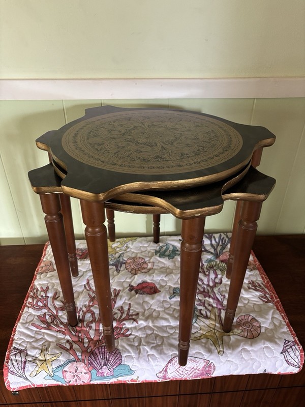 MCM Set Of of 3 stacking side tables with green Formica Top With gold design