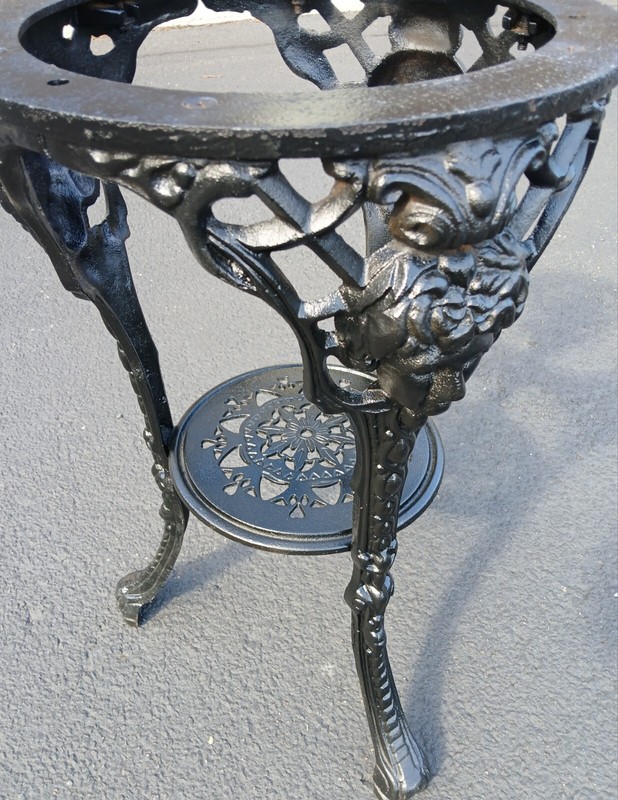 English Victorian Cast Iron Pub Table w/ Cherubs + Round Marble Top w/ 2 Chairs gallery