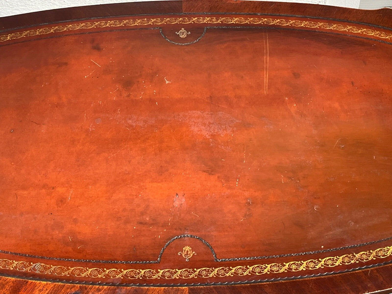 VTG 1940s Mahogany Wood Coffee Table Leather Top Embossed Gold Trim w/Drawer gallery