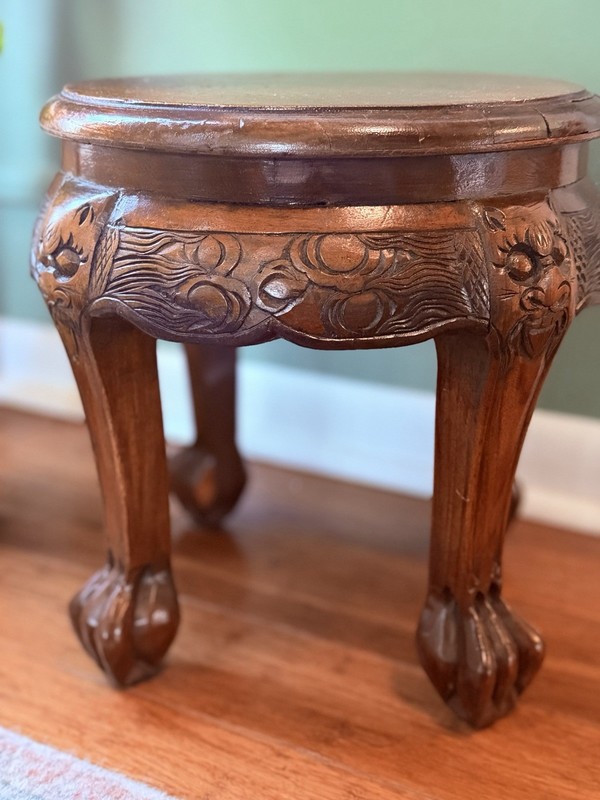 Vintage Asian Dragon Carved Lion Foot Wood Side Table Plant Stand 12.75” Tall gallery