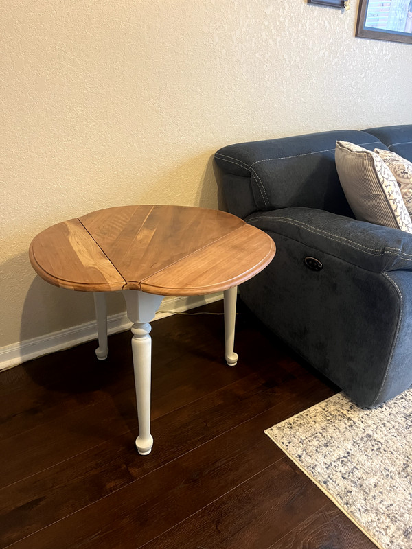 Ethan Allen Side Table, Natural Finish top with White legs and Gold accents