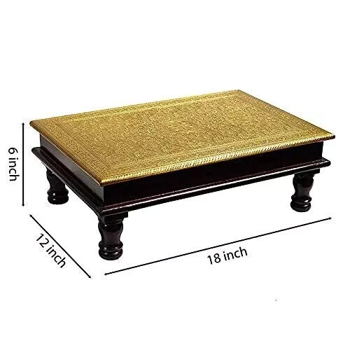 Wood & Brass Chowki Brass Work Pooja Stool Home Décor Sitting Table (18x12x6 in. gallery