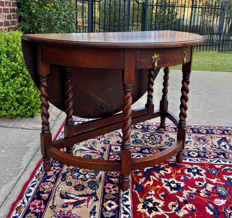 Antique English Demilune Table Drop Leaf Barley Twist w Drawer Oak ROUND 1920-30 gallery