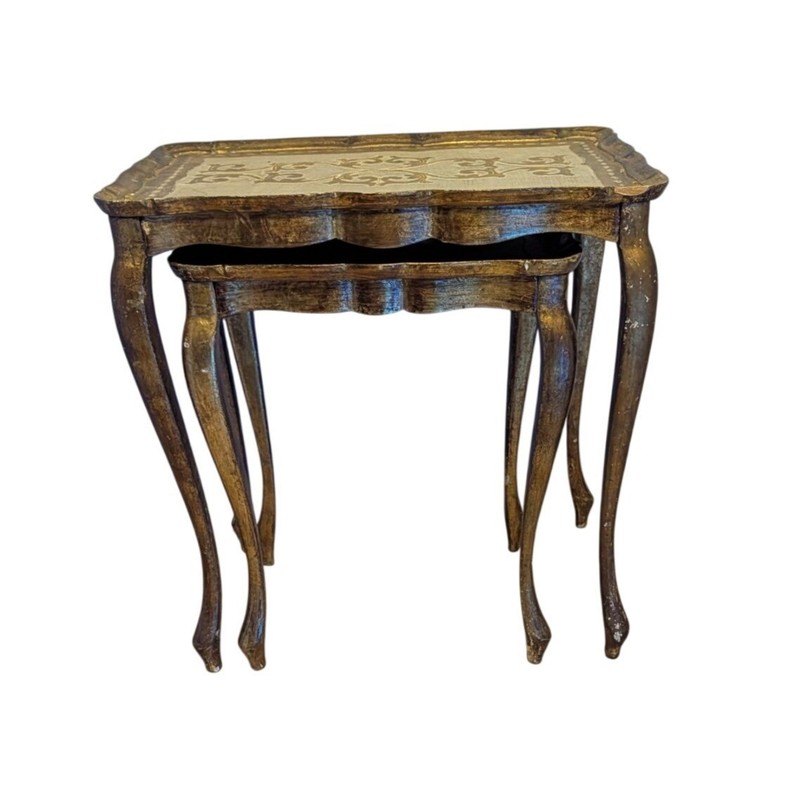 Vintage Florentine Gold White 2 Nesting Tables Floral Pattern Ornate Resin gallery