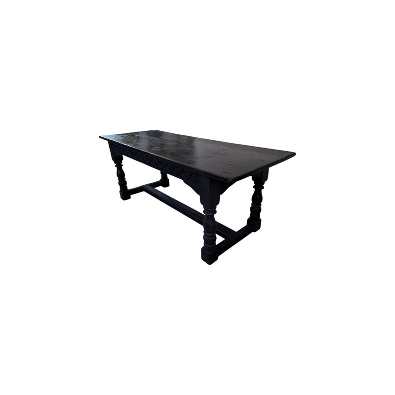 19th Century English Oak Refectory Dining Table with Carved Apron / Turned legs gallery