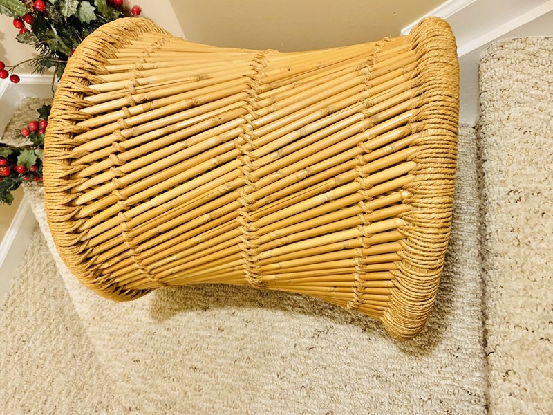 Vtg Table Plant Stand Ottoman Stool Cane Rattan Wicker Woven Boho Mid Century gallery