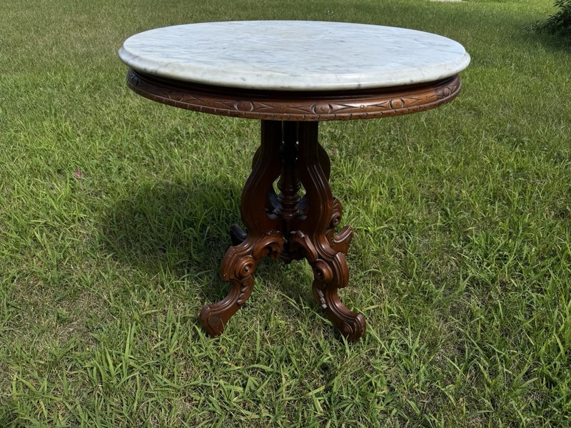 Antique Victorian Oval shaped Beveled Marble Top with Wooden Parlor Table
