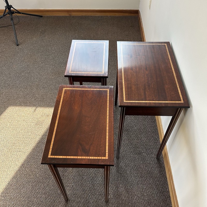 Vintage Solid Mahogany Inlaid Nesting Tables, Quality! Set Of 3 gallery