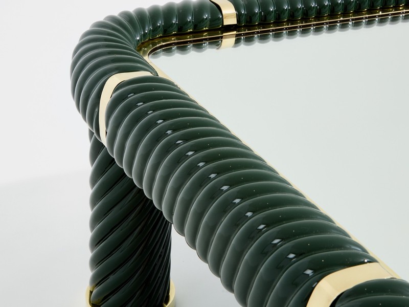 Tommaso Barbi olive green ceramic and brass coffee table 1970s gallery