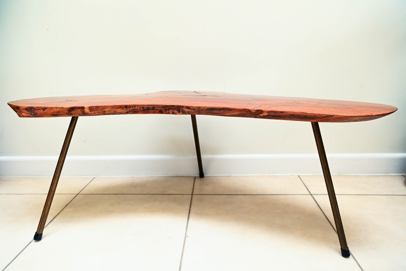Mid-Century Freeform Live-Edge Tripod Coffee Table in the Manner of Carl Auböck, gallery