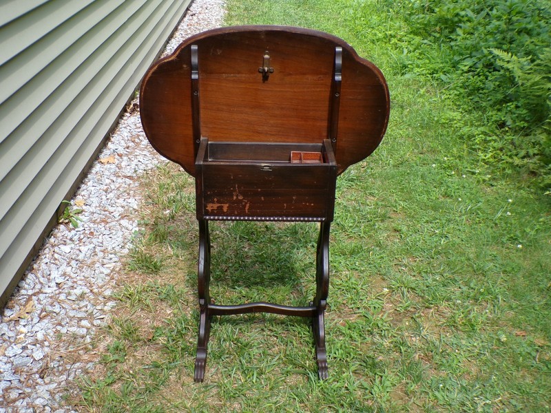 Antique Tilt Top Sewing Table Vintage Walnut Sewing Stand Parlor Lamp Table gallery