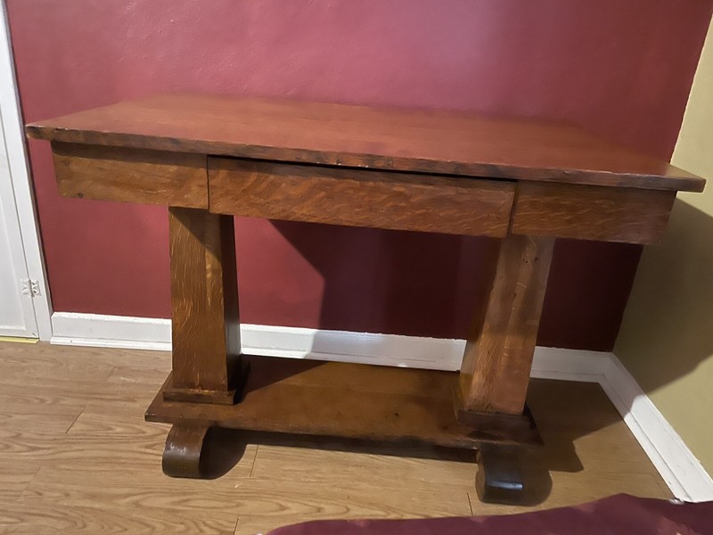 Antique Tiger Oak Library Table/Desk with Bottom Shelf & Drawer gallery