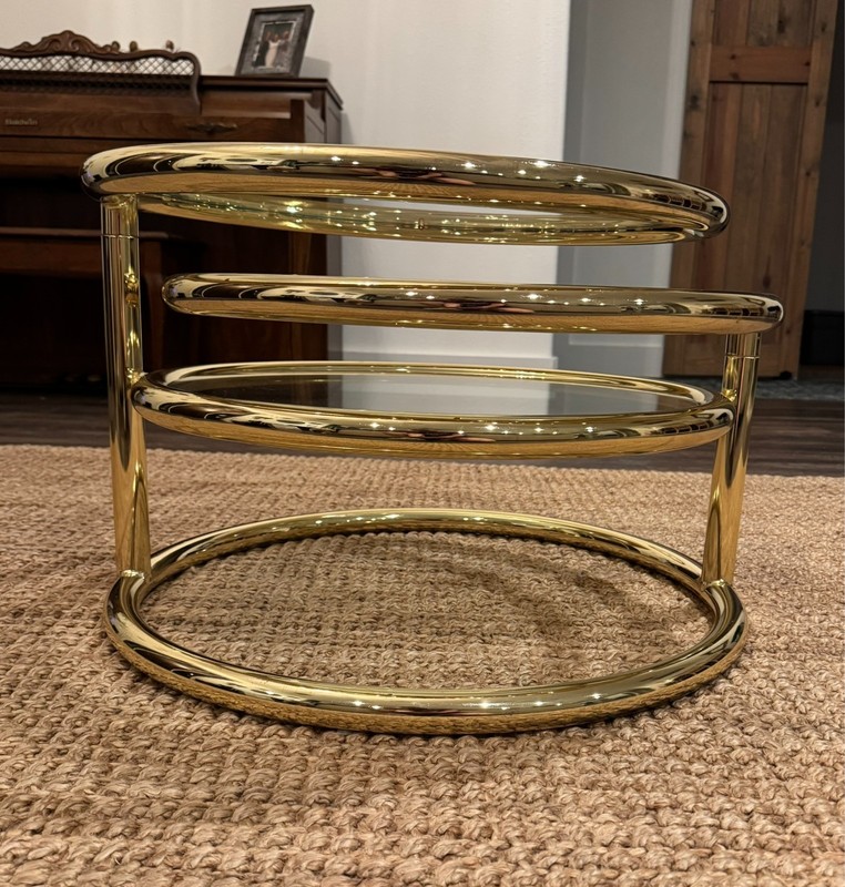 Vintage MCM Round Swivel 3 Tier Brass & Glass Table, MILO BAUGHMAN Style gallery