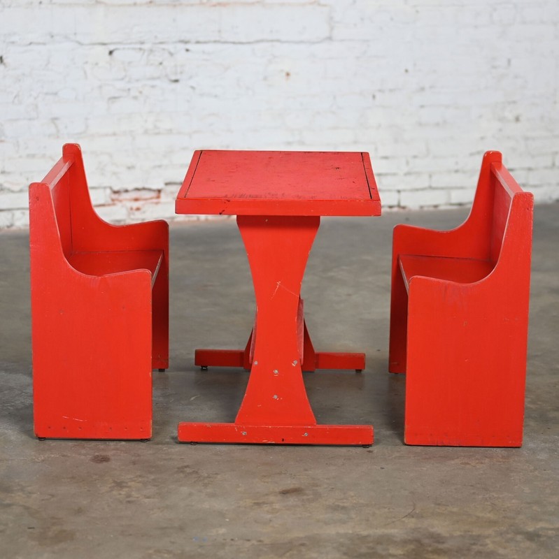 Rustic Red Children’s Hand Crafted Wood Diner Style Table & 2 Benches Set gallery