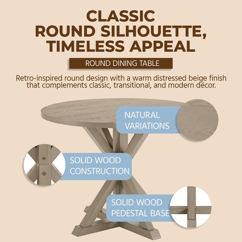 ROME + OAK Spier 40" Modern Farmhouse Pedestal Dining Table, Rustic Beige gallery