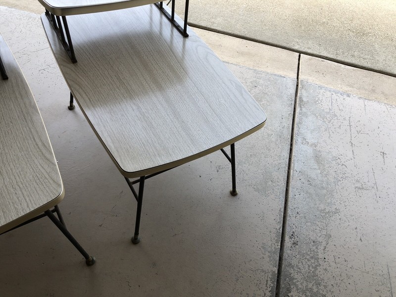 2 Mid Century Modern 2 Tier End Side Tables 1960's Formica Tops Steel Bases gallery