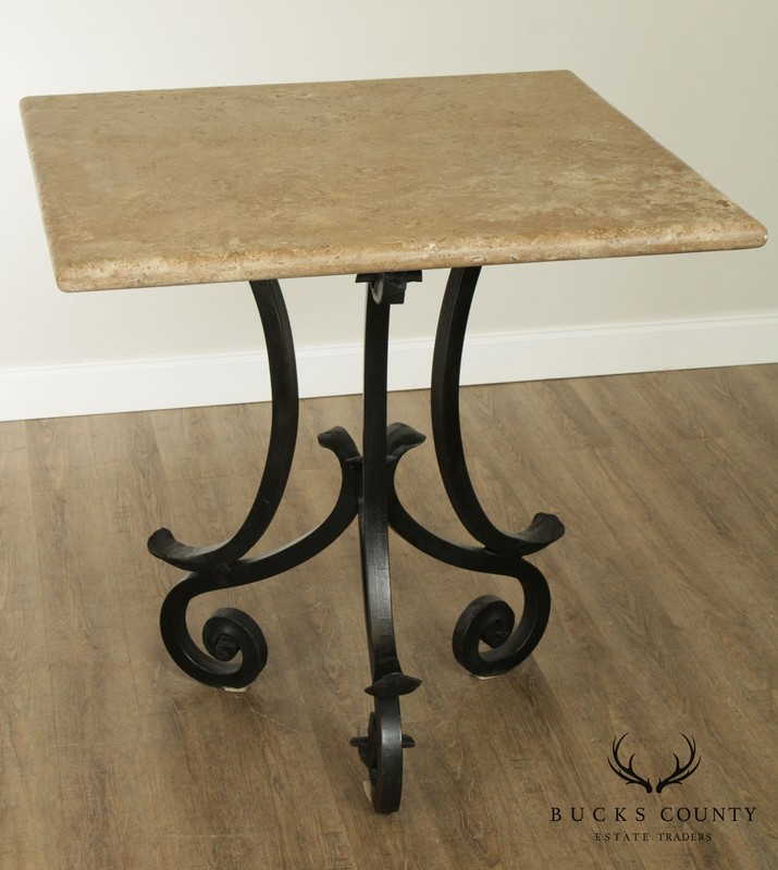 Hand Forged Iron Base 42" Pub Table Square Travertine Top gallery