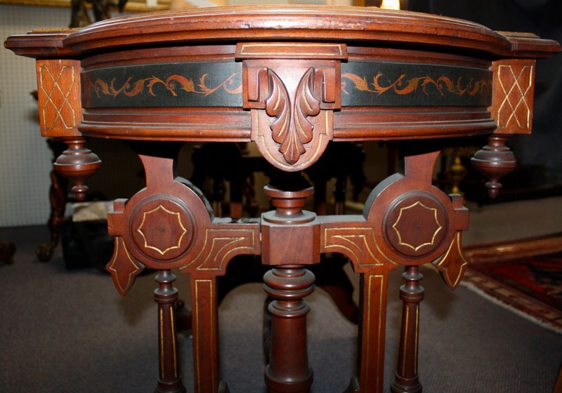 Antique Marble Top Louis XVI Double Sided Parlor Table. Carvings, Finials. 1865 gallery
