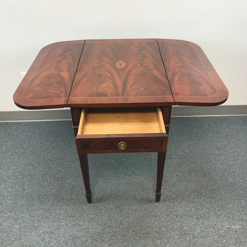 vintage Hekman Mahogany Drop Leaf Inlay Pembroke Side End Table Drawer 27" tall gallery